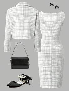 SHEIN 两件套女童优雅粗花呢短款西装外套+无袖修身连衣裙套装，春秋季时尚穿搭 - 黑與白 - 查看 2