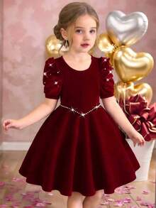 Young Girls Burgundy Velvet Round Neck Pearl Beaded Puff Sleeve Waist Fit & Flare Dress, Suitable For New Year, Party, Gathering, Christmas