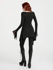 Breakform Women's Gothic Style Boat Neck Asymmetrical Hem Knit Fabric Long Sleeve Asymmetrical Cuff Contrast Lace Regular T-Shirt - Black - View 2