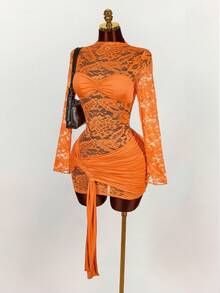 Amplova Women's Lace Mini Bodycon Dress,Long Sleeve Sheer Drawstring Hem Ruched Boho Dress For Party Events,Burnt Orange,Autumn,Techno,Club Night,Rave - Orange - View 4