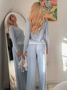 DAZY 春季撞色针织二合一女士家居服套装 - 藍色 - 查看 2