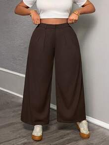 SHEIN PETITE CURVE Calça feminina plus size de cintura alta com pregas, bolsos e pernas largas. Calça feminina de pernas largas na cor marrom. Calça feminina de cintura alta e pernas largas para o verão, primavera, para sair e para ocasiões casuais. - Castanho - Ver 7