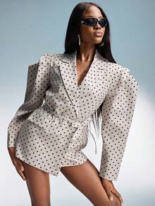 Aveloria Affinna Polka Dot Random Print Exaggerated Silhouette Wide Shoulder Design Fashionable Avant-Garde High-End Sense Polka Dot Long Sleeve With Adjustable Waist Belt Versatile Loose Casual Women Blazer Jacket - Beige - View 1