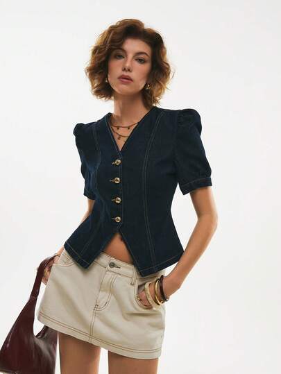Poéselle Women's Denim Top, Casual Short-Sleeved Puff Sleeve Denim Shirt With A Fitted Waist And Open Placket, Dark Blue Denim Top Suitable For Summer Commuting.Summer Tops Summer Outfits For Women  Valentines Day Outfit  Carnival Women Party Top Casual Outfit For Women Women's Social Blouse Spring Break Outfits  Music Festival