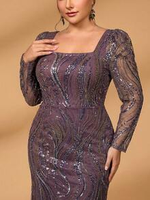 Serin Plus Size Elegant Purple Square Neck Puff Sleeve Sequin Mesh Mermaid Dress,Dusty Pink,Spring,Bridesmaid,Formal Party,Wedding Mother Of Bride Gown - Purple - View 3