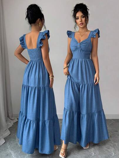 SHEIN Elenzya Vestido largo de unicolor para mujer, vestido largo estilizante con cintura elástica y parches, elegante y de moda para uso diario, cenas y citas, primavera/verano