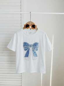 SHEIN 少女可爱3D蝴蝶结白色T恤，休闲百搭，适合各种场合 - 白色 - 查看 3