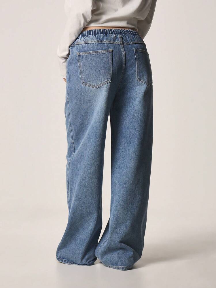 MISSGUIDED High Rise Elasticated Waist Wide Leg Denim Jeans With Medium Wash And Side Pockets For Casual Everyday Wear