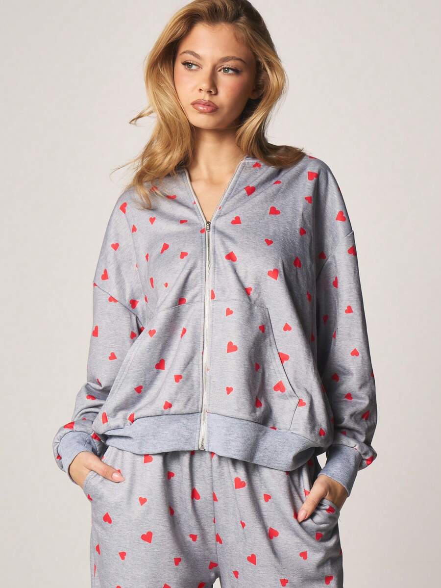 MISSGUIDED Women's Heart Print Zip Front Hoodie Valentine's Day Long Sleeve Sweatshirt With Hood Cozy Casual Pullover Top - Multicolor - View 1