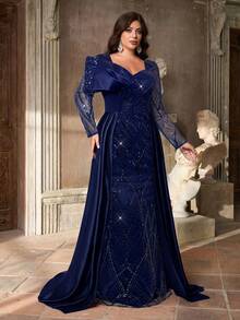 Aureia Vestido largo de satén de sirena con cuello de corazón, manga larga, pecho transparente, drapeado, lujoso bordado de parches y bajo con volantes (diseño muy adornado) para tallas grandes - Azul Marino - Ver 5