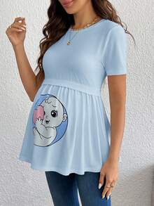 SHEIN Süßes bedrucktes Strick-Rundhals Kurzarm T-Shirt für schwangere Frauen - Babyblau - Übersicht 5