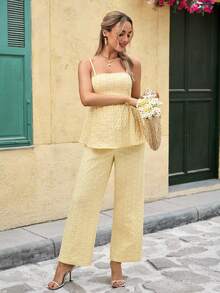 SHEIN 两件套休闲黄色碎花吊带背心和松紧腰裤孕妇套装 - 黃色 - 查看 6