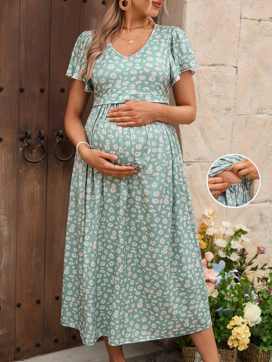 SHEIN 孕妇雏菊印花V领荷叶边短袖哺乳连衣裙