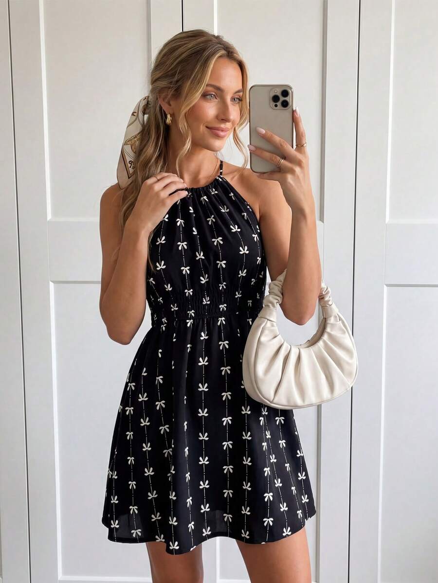 Easowa Damen lässiges Minikleid mit Schleife, Neckholder und ärmellos, Basic Outfit für den täglichen Sommertrag - Schwarz und Weiss - Übersicht 1