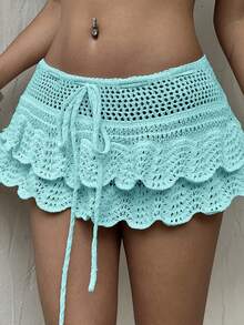 Sunnyshic Women's Vacation Style Beach Ruffle Trim Mini Knit Skirt - Mint Green - View 4