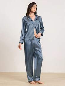 2 件套女士纯色缎面睡衣套装，长袖有领衬衫和长裤家居服，适合家居服、秋冬装、秋季服装 - 彩色 - 查看 5