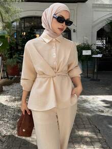 DAZY Bộ đồ nữ thường ngày gồm áo sơ mi thắt nút màu trơn và quần ống rộng, thích hợp cho mùa xuân/hè. - Màu be - Xem 3