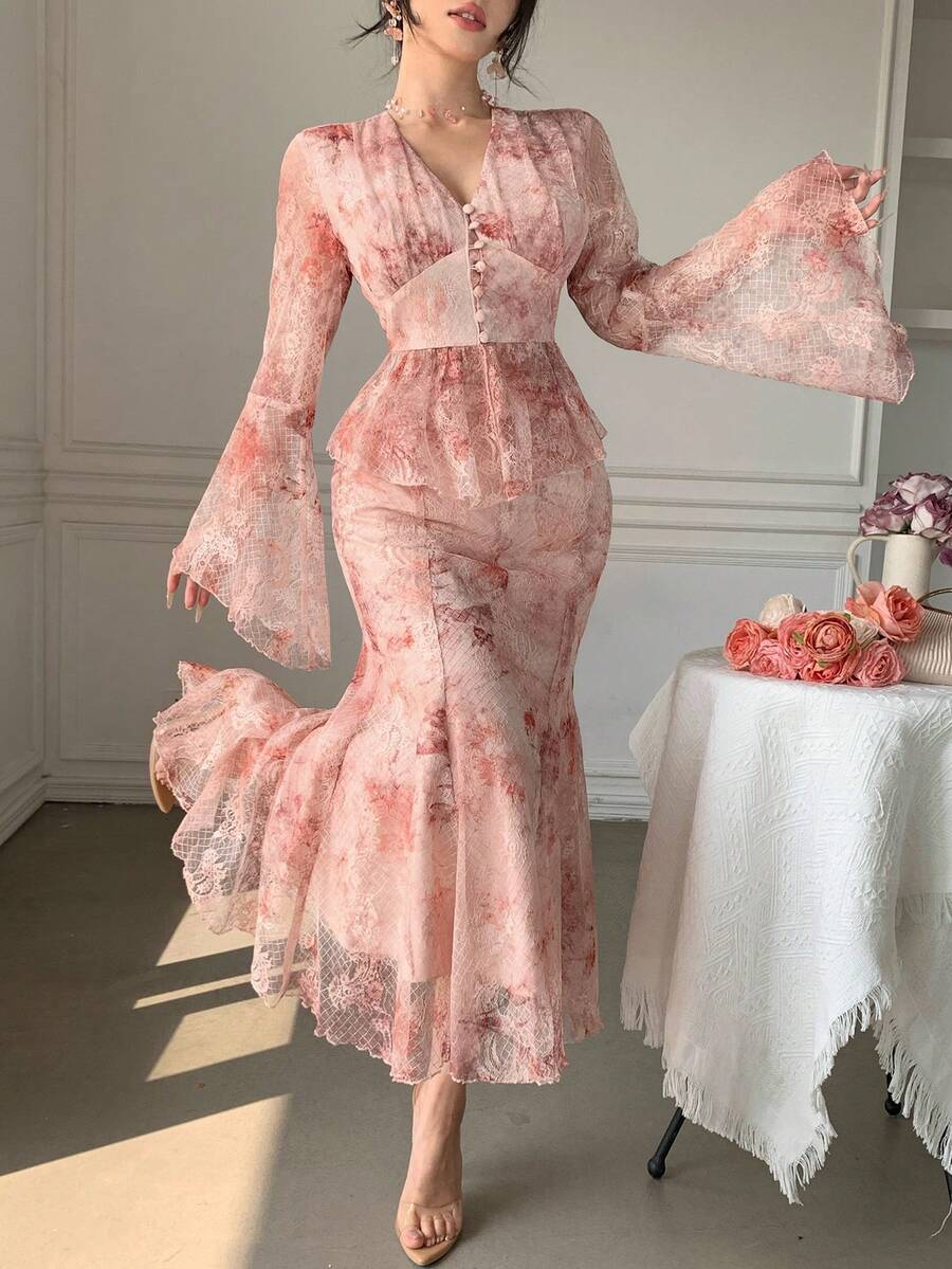 DAZY Damen elegantes 2-teiliges Set aus Blumenprint V-Ausschnitt Bluse mit Glockenärmeln und Rock, Frühling/Sommer - Pink - Übersicht 1