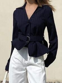 DAZY Striped Print Button Front Belted Shirt - Navy Blue - View 3
