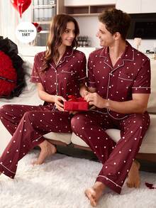 SHEIN Heart Print Short Sleeve & Long Pants Lapel Cardigan Pajama Set For Men - Burgundy - View 1