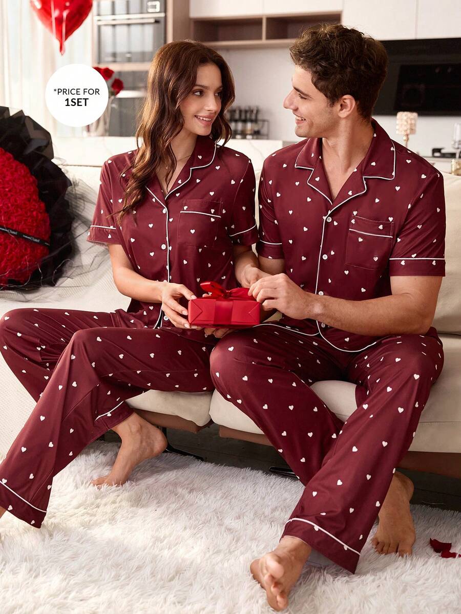 SHEIN Heart Print Short Sleeve & Long Pants Lapel Cardigan Pajama Set For Men - Burgundy - View 1