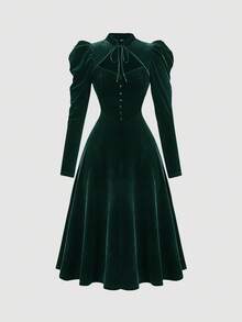 SHEIN MOD Vestido de manga gigot de terciopelo talla grande, cuello mao, corbata de moño, otoño/invierno - Verde Oscuro - Ver 1