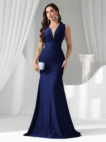 Coutiva 女士纯色性感深 V 弹力高腰不对称褶饰鱼尾晚礼服，适合婚礼、活动、派对、蜜月 - 藏蓝色 - 查看 7