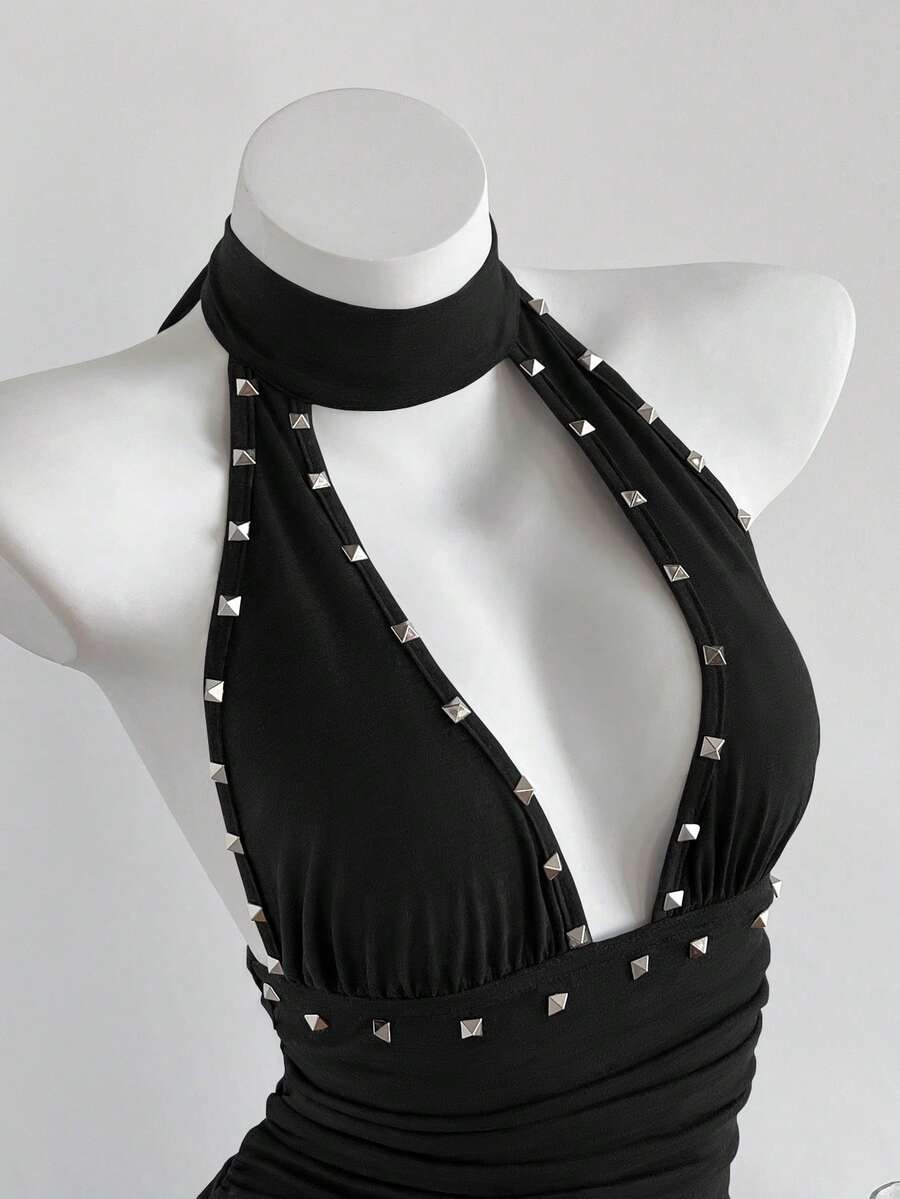 Elamini Sexy Retro Minimalist V-Neck Ruffle Hem Waist Cinched Dress For Women - Black - View 1