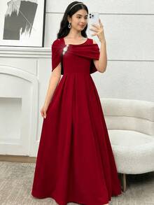 SHEIN Vestido maxi elegante de estilo princesa con hombros descubiertos, nudo retorcido y decoración de lazo para adolescentes y niñas, color burdeos, adecuado para bailes de graduación, fiestas, primavera/verano - Burdeos - Ver 6
