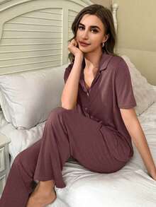 SHEIN Soft & Skin-Friendly Cardigan Button Closure Unisex Casual Pajama Set Burgundy Pajama Set Button Up Pajamas Women