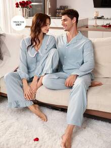 CoupledUp 情侣纯色翻领开衫睡衣套装 - 霧霾藍 - 查看 4