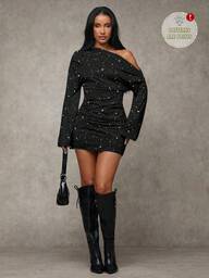 SHEIN BAE فستان نسائي أنيق وأنثوي بطبعات الترتر اللامعة والكتف المنحرف، مناسب للخروجات والمناسبات والسهرات كالرأس السنة، يتناسب مع الأصدقاء، أنيق