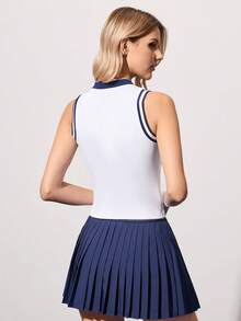CourtClass CourtClass 女士撞色Polo领定制罗纹袖口拉链背心休闲运动网球衫，适合日常穿着，女士网球服，高尔夫球服，女士网球服 - 白色 - 查看 2