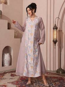 Al Najma 刺绣拼接薄纱面料，优雅派对礼服 - 粉色 - 查看 4