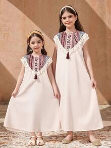 Tween Girl Spring/Summer Casual Vacation Retro Pattern Woven Jacquard Patchwork Loose Long Woven Solid Color Apricot Khaki - Apricot - View 7