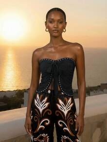 CAJUNI 女士黑色夏季编织修身抹胸上衣，无肩带蝴蝶结装饰，银色铆钉饰边，前中开衩，波西米亚风，度假晚装，适合假期、节日、日落派对、夏季音乐节、春假、情人节、海滩等场合。黑色无肩带上衣，适合夏季假期、春季、情人节、狂欢节等场合。 - 黑色 - 查看 5