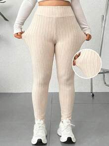 SHEIN EZwear 大码休闲百搭高腰卡其色打底裤 - 杏色 - 查看 1