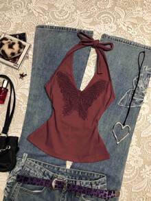 Glimmora Women's Casual Butterfly Embroidery Backless Halter Top, Summer - Red - View 3