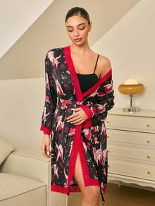 Betty Boop x SHEIN Women's Casual Contrast Lace Allover Print Belted Sleepwear Robe - Black - View 8