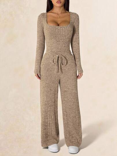 SHEIN PETITE 2pcs Rib Bodysuit & Pants Set, Comfy Loungewear Workout Set, Tracksuit, Casual Style, Long Sleeve Bodysuit And Wide Leg Pants, Spring And Summer Summer And Summer Basic Essential, Baggy Pants, Long Sleeve, Summer And Summer Clothes Comfortable Two Pieces Set