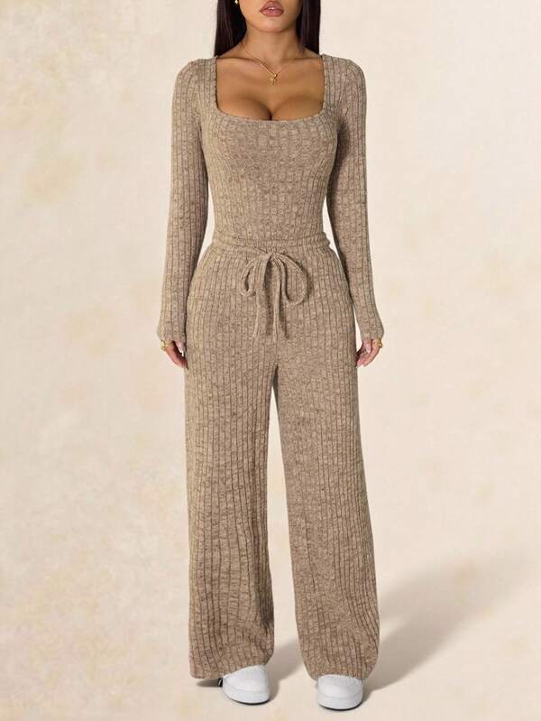 SHEIN PETITE 2pcs Rib Bodysuit & Pants Set, Comfy Loungewear Workout Set, Tracksuit, Casual Style, Long Sleeve Bodysuit And Wide Leg Pants, Spring And Summer Summer And Summer Basic Essential, Baggy Pants, Long Sleeve, Summer And Summer Clothes Comfortable Two Pieces Set