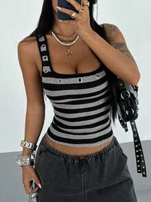 StreetHx Women's Sleeveless Crop Top, Streetwear Y2K Baddie Striped Fitted Eyelet Tank Top, Spring/Summer - Black and White - View 5