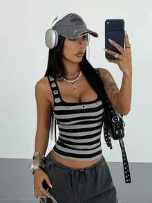 StreetHx Women's Sleeveless Crop Top, Streetwear Y2K Baddie Striped Fitted Eyelet Tank Top, Spring/Summer - Black and White - View 1