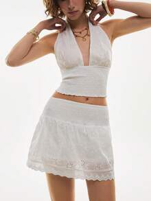 Poéselle 2pcs Embroidered Halter Backless Top And Mini Skirt Set,White Embroidered Two Piece Set For Women, Halter Crop Top And Mini Skirt, Hollow Out Lace Summer Co-Ord Outfit - White - View 3