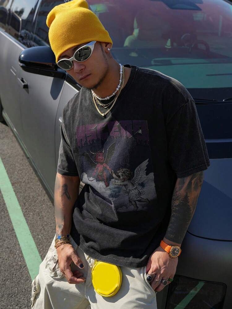 Vintage Washed Colorful Graphic Print Street Style T-Shirt For Men, Summer