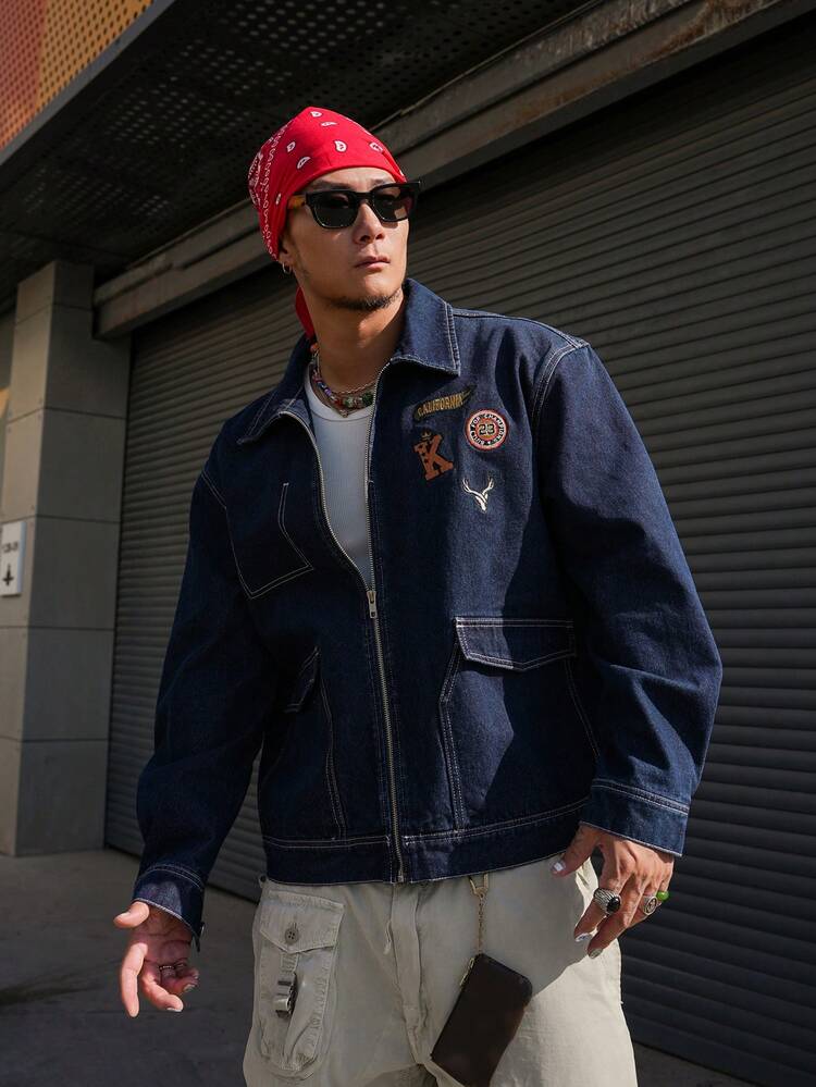 Men's Denim Jacket With Embroidered Lettering Pattern, Navy Blue, Suitable For Spring And Autumn