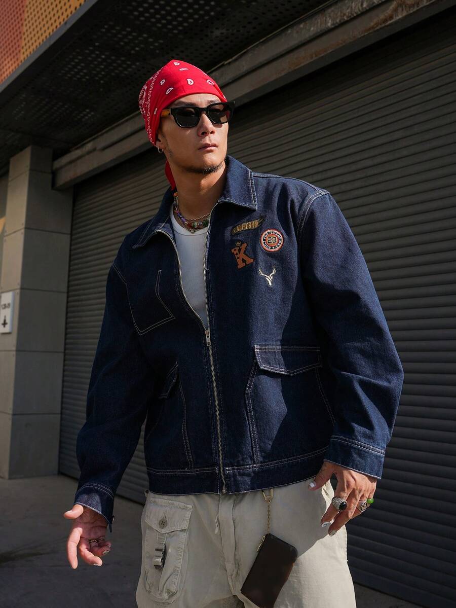 DAZY Men's Denim Jacket With Embroidered Lettering Pattern, Navy Blue, Suitable For Spring And Autumn - Blue - View 1