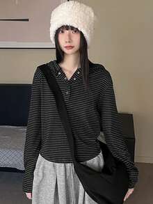 DAZY Women's Retro Minimalist Striped Slim Fit Hoodie T-Shirt, Versatile Design Long Sleeve - Dark Grey - View 7