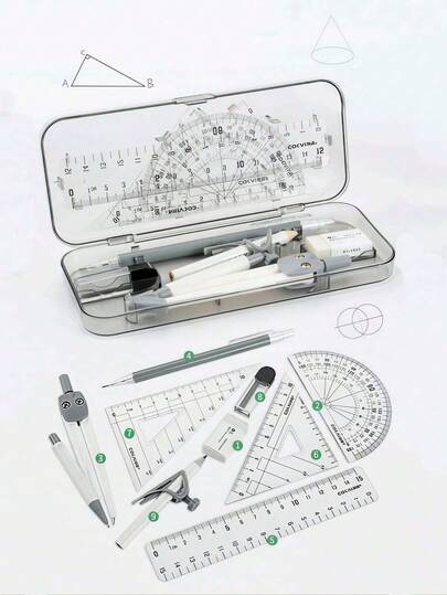 9 Stück/Set Mathematik Zeichenwerkzeug Set im Kompass- und Lineal-Stil mit Radiergummi für Schülerprüfungen und Hausaufgaben, einfach zu bedienen, verschenkbar, vielseitig einsetzbar, Hausaufgaben, Klassenzimmer Zubehör, Weihnachtsgeschenke, Schulmaterial, geeignet für Grundschüler, Schulanfang