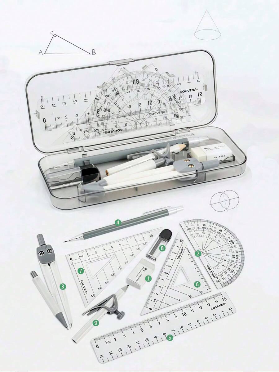 9pcs/Set Math Drawing Tool Set In Compass And Ruler Style With Eraser For Student Exam And Homework, Ease Of Use, Giftable, Versatile, Homework, Classroom Supplies, Christmas Gifts, School Supplies , Suitable For Elementary Students, Back To School - Multicolor - View 1
